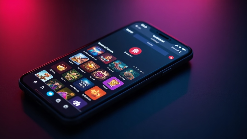 Interface mobile de casino avec lobby, recherche et favoris sur smartphone
