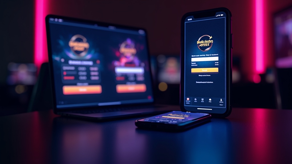 Connexion Gamblezen sur smartphone et tablette avec interface sombre et néons