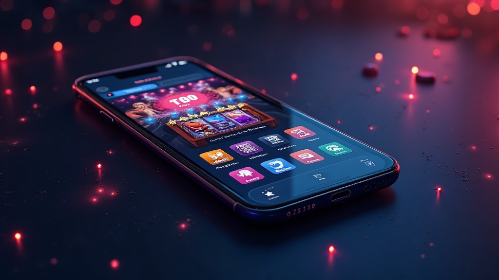 Smartphone affichant une interface de casino mobile sombre et lisible
