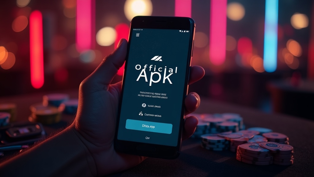 Téléphone Android avec écran de téléchargement APK dans une ambiance casino sombre